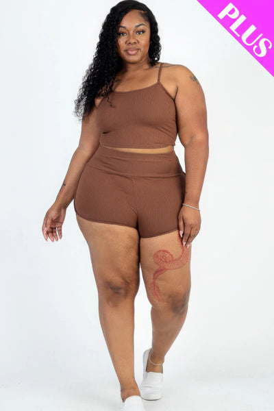 Plus Size Ribbed Cami Crop Top & Ruched Shorts Set