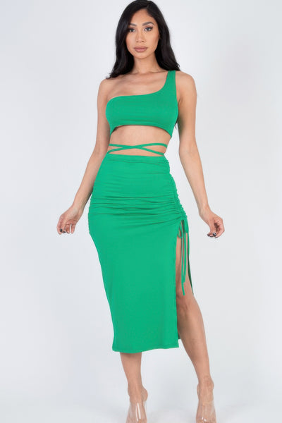 Sexy Solid Color One Shoulder Crop Top & Drawstring Ruched Crisscross Tie Back Side Slit Hem Skirt Set