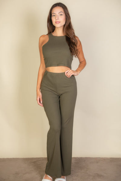 Ribbed Cropped Top And Bootcut Pants Sets