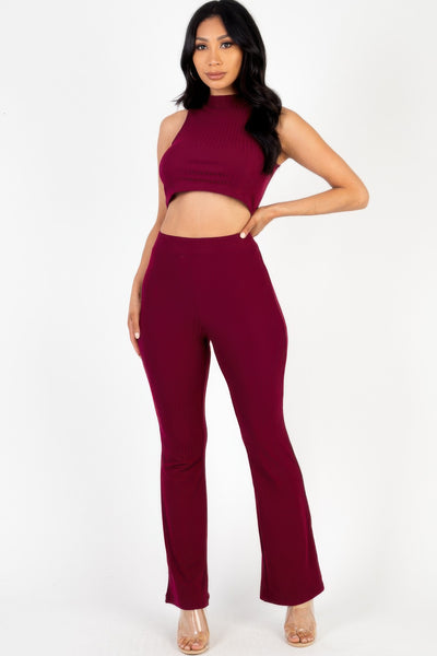 Ribbed Mock Neck Crop Tank Top & Bootcut Pants Set