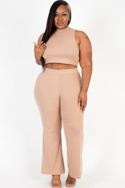 Plus Size Ribbed Mock Neck Crop Tank Top& Bootcut Pants Set