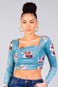 Ruched Velvet Floral Back Tie Crop Top