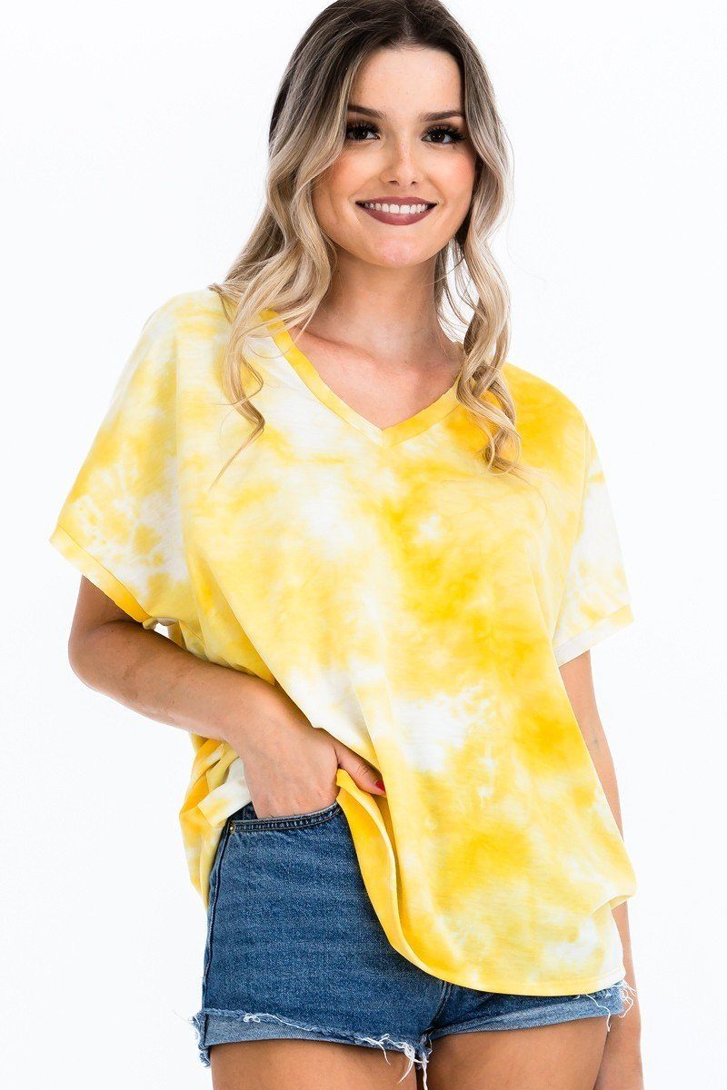 Tie-dye Top Featured In A V-neckline And Cuff Sort Sleeves