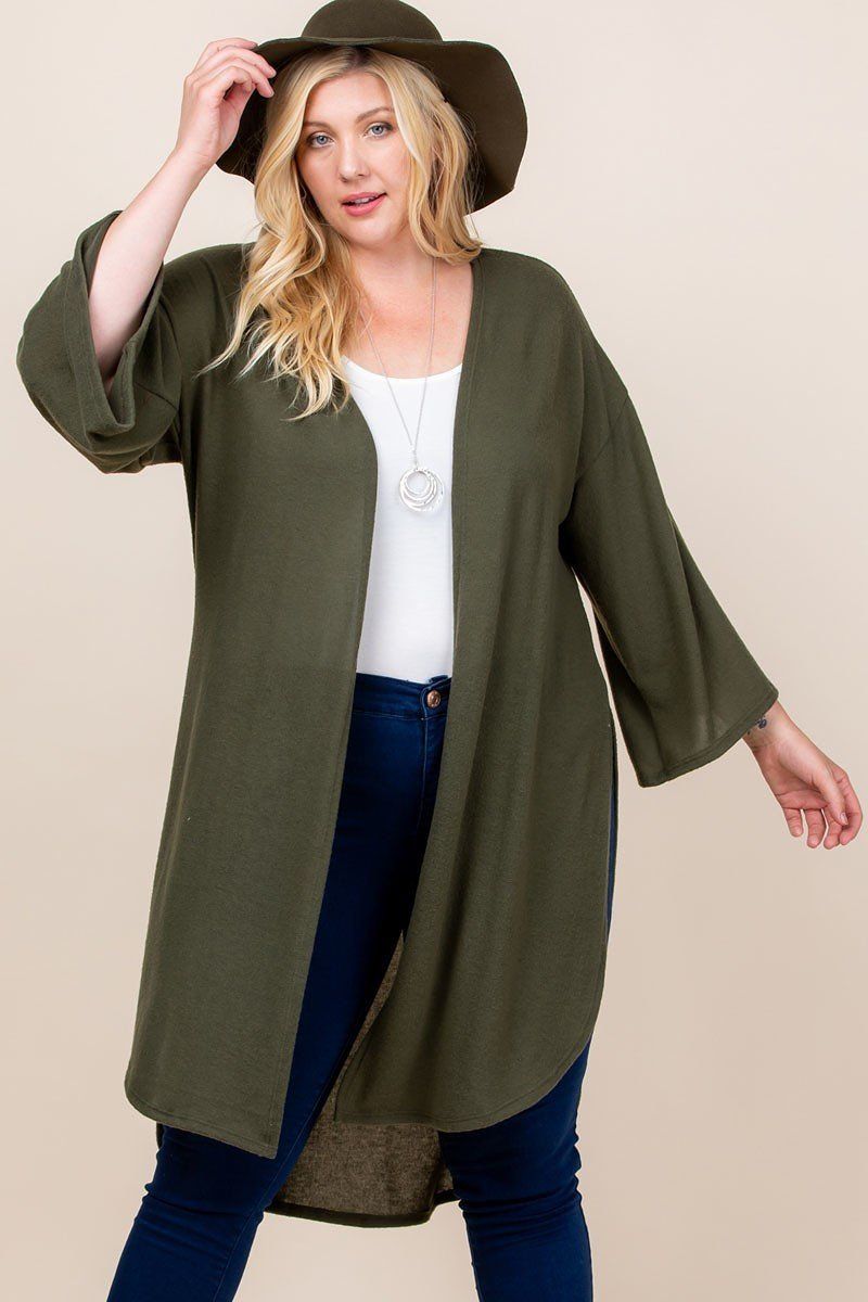 Plus Size Solid Hacci Brush Open Front Long Cardigan With Bell Sleeves