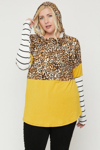 Plus Size Color Block Hoodie Featuring A Cheetah Print