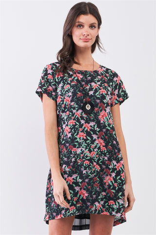 Black Multicolor Floral Print Pleated Back Detail Relaxed Mini Dress