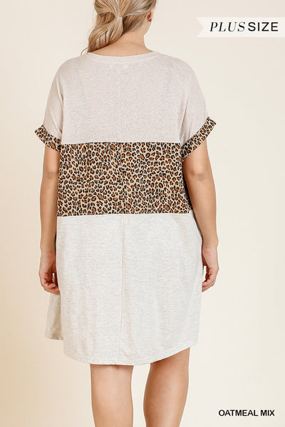 Linen Blend Short Folded Sleeve Animal Print Colorblocked V-neck Dress With Pockets