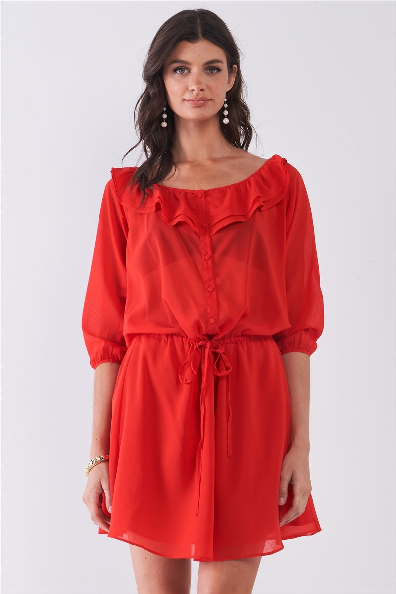 Flame Red Boat Neck Ruffle Collar Midi Sleeve Self-tie Waist Front Button Down Mini Dress