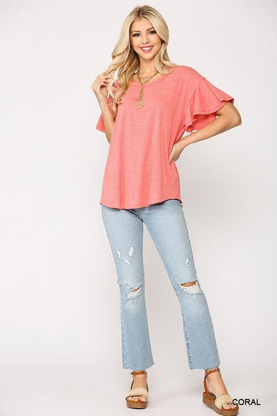 Solid Round Neck Frill Sleeve Top With Scoop Hem