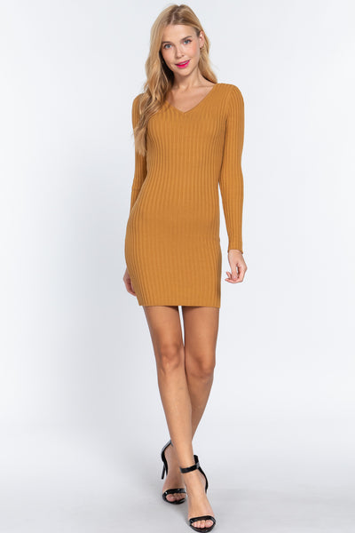 Long Slv V-neck Sweater Mini Dress