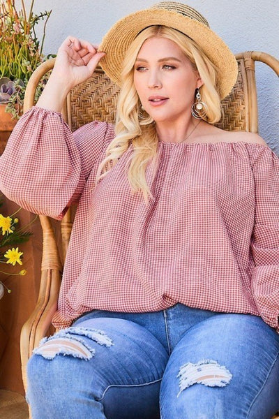 Off Shoulder Long Bubble Sleeve Plaid Top