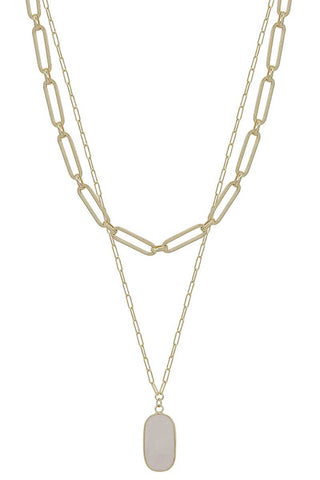 2 Layered Metal Chain Stone Pendant Necklace