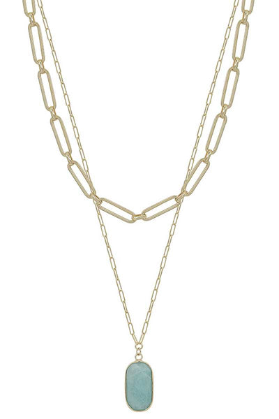 2 Layered Metal Chain Stone Pendant Necklace