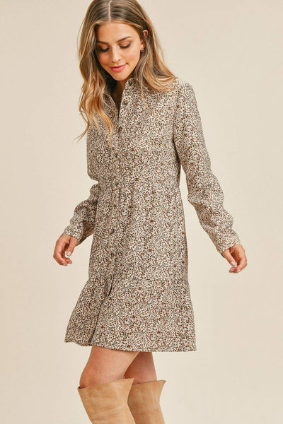 Corduroy Printed Button Down Front Collar Long Sleeve Dress