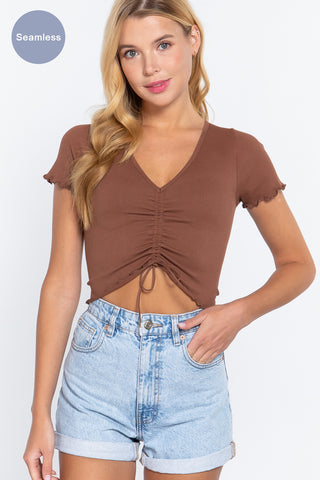 Ruched Lettuce Edge Seamless Rib Top