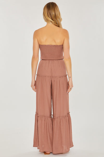 Woven Solid Sleeveless Smocked Ruffle Jumpsuit