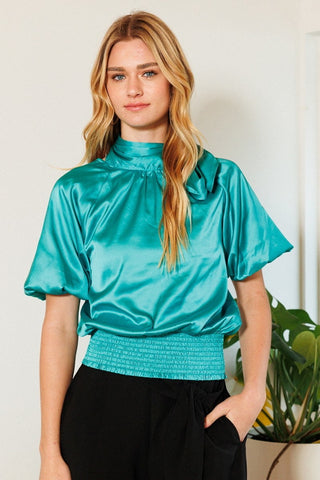 Waist Smocked Solid Satin Blouse